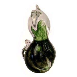 Vtg Signed Murano Style Hand Blown Glass Cat Green Swirl Art Glass Paperweight